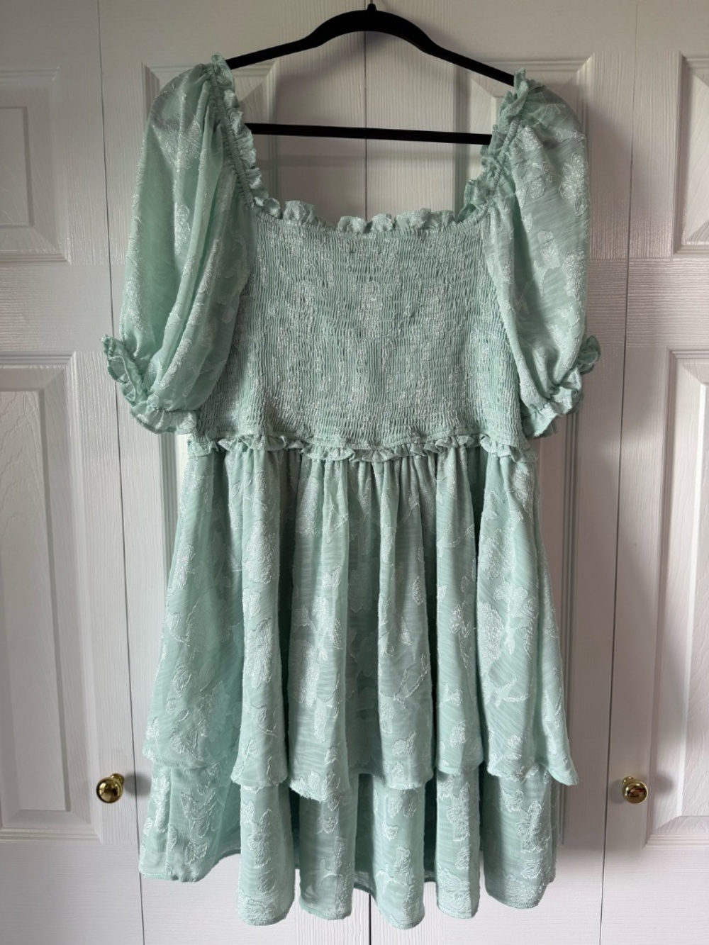 Arula Sage Green Smocked Mini Dress 1X Puff Sleeve Cottagecore Tiered - Picture 3 of 4